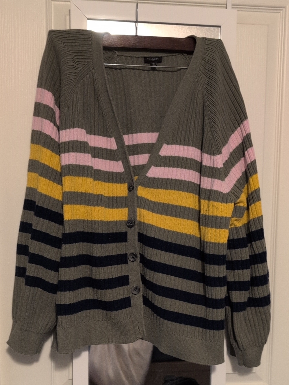 Talbots Olive Green Striped Button-Front Cardigan with Pink, Yellow & Navy